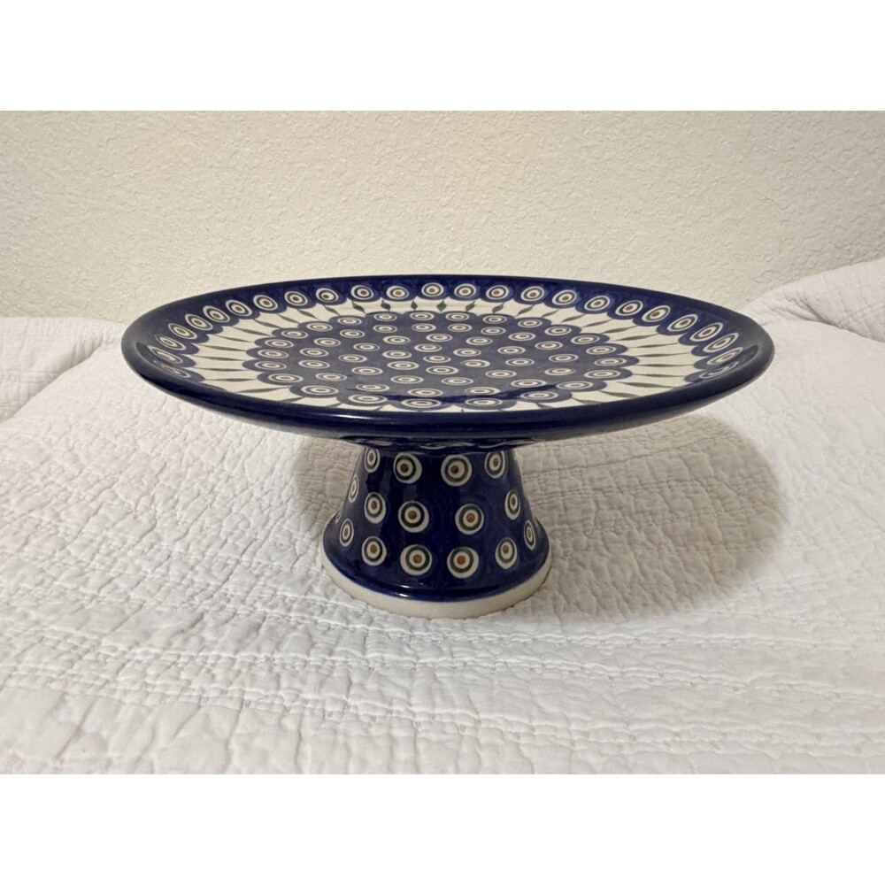 New Polish Pottery Ceramika Artstyczna Blue Peacock Leaves Eyes Cake Plate